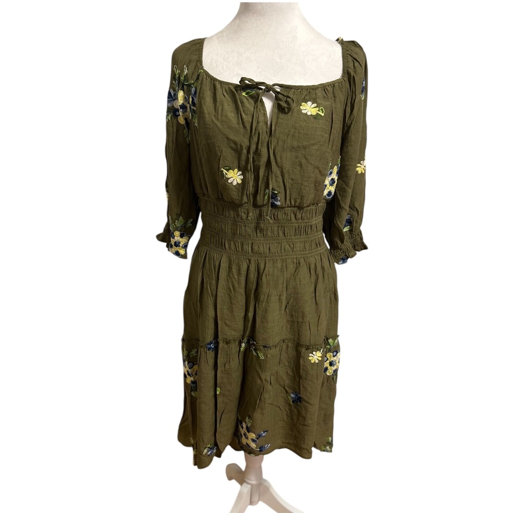 Floral Embroidered Dress Smocked Waist Peasant Cottagecore Olive Green Size M‎